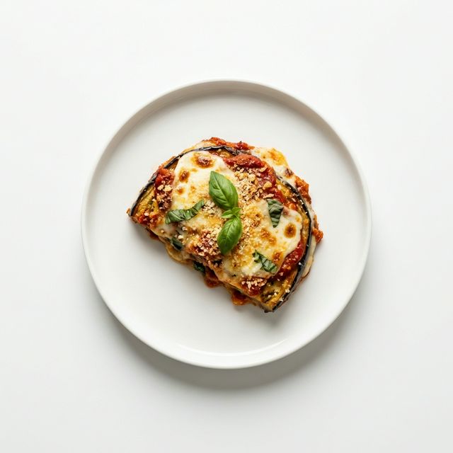 Auberginenscheiben gebraten, mit Tomatensauce (aus Tomaten Konserve) und Käse überbacken