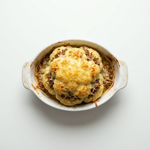Blumenkohl mit Hackfleischfüllung und Käse überbacken