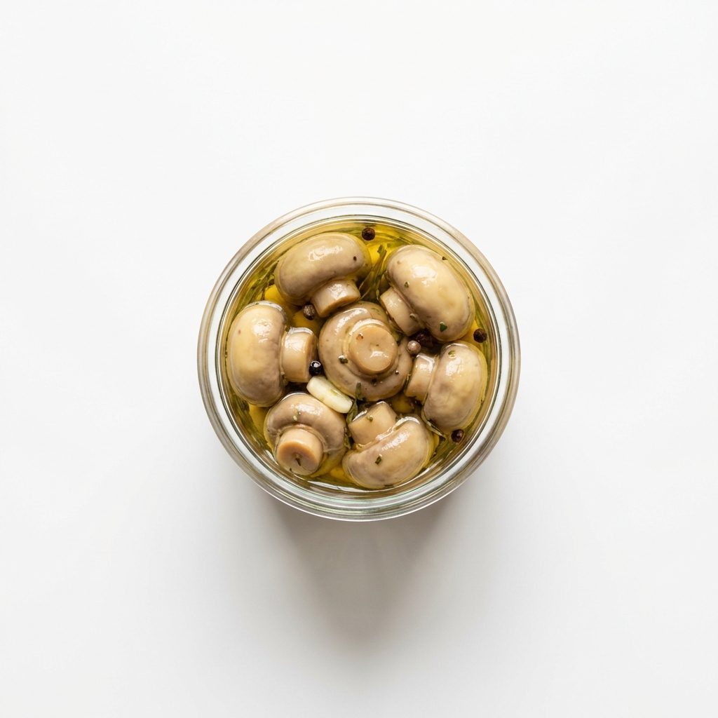 Champignons gedünstet in Essig, eingelegt in Rapsöl