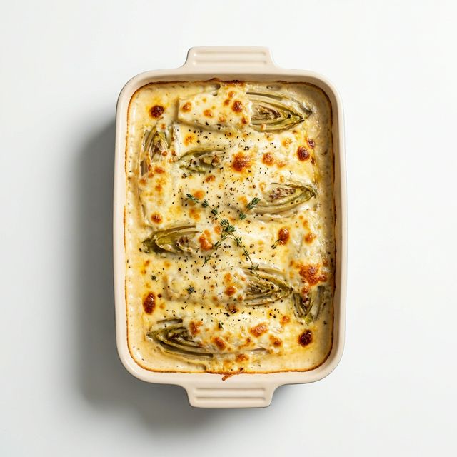 Chicoree gedünstet, mit Käsesauce von Bechamelsauce gratiniert