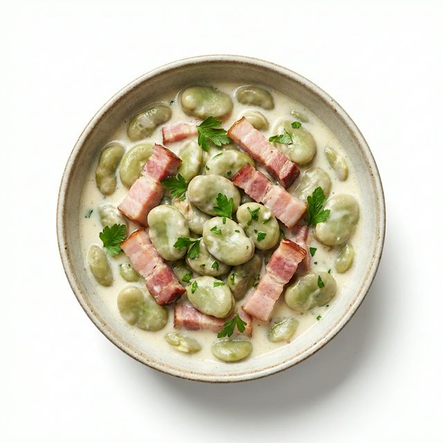 Dicke Bohnen mit Speck gedünstet, in Grundsauce hell/weiß