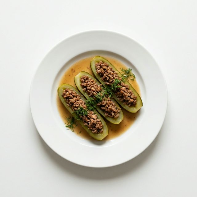 Gurken mit Hackfleischfüllung, geschmort, mit Sauce