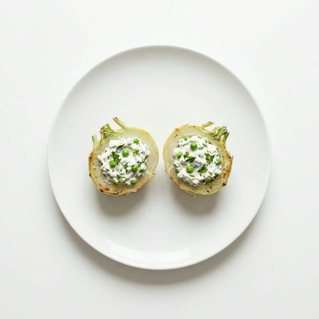 Kohlrabi gekocht, vegetarisch gefüllt mit Frischkäse und Erbsen