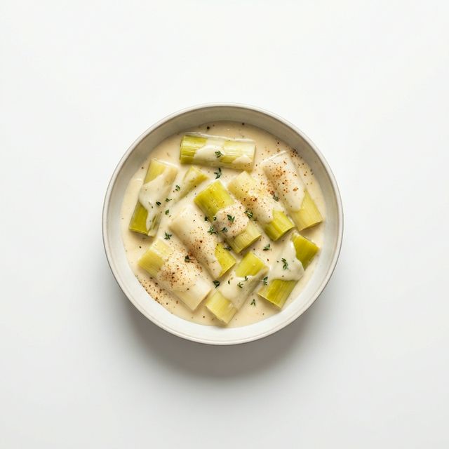 Lauch/Porree, gedünstet, mit Bechamelsauce