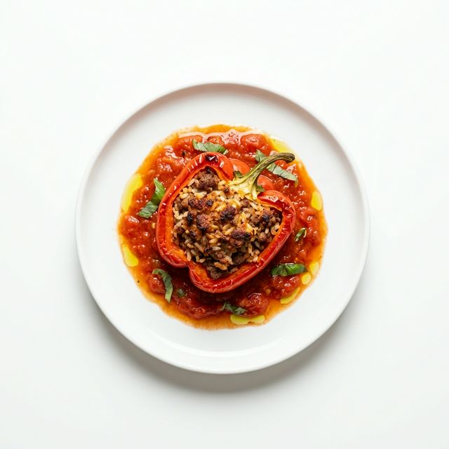 Paprikaschoten mit Hackfleischfüllung gebacken, in Tomatensauce (aus frischen Tomaten)