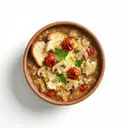 Brotsuppe (Weißbrot) mit Gemüsebrühe, Tomaten, Champignons und Käse