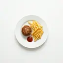 Frikadelle mit Pommes frites und Tomatenketchup
