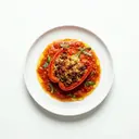 Paprikaschoten mit Hackfleischfüllung gebacken, in Tomatensauce (aus frischen Tomaten)