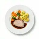 Schweinebraten mit Sauce, Kaisergemüse und Salzkartoffeln