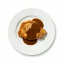 Schweineschnitzel natur, gebraten, mit Grundsauce dunkel/braun