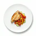 Schwertfisch gebraten, mit gedünstetem Paprika-Tomaten- und Gurkengemüse