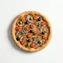 Vollkornpizza mit Tomatensauce, Mozzarella, Tomaten, Zwiebeln, Oliven