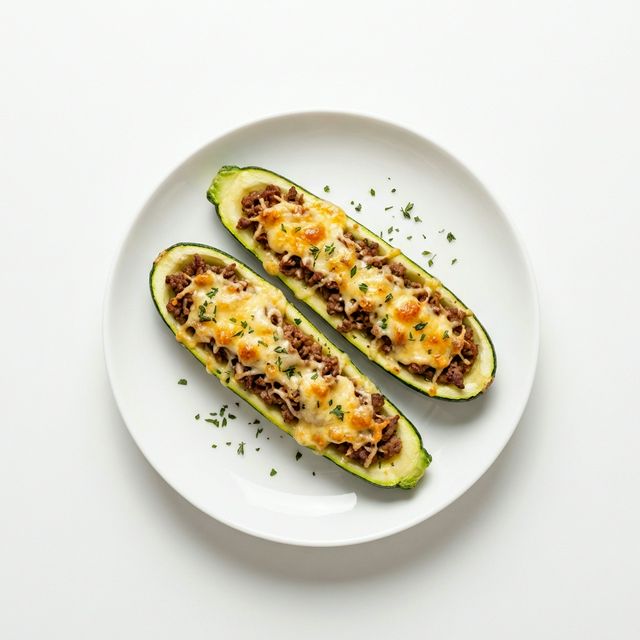 Zucchini mit Hackfleischfüllung und Käse überbacken