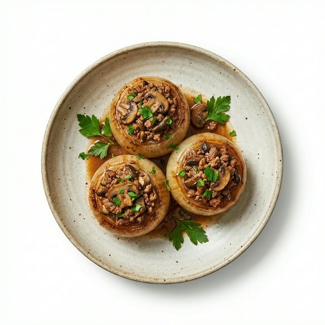 Zwiebeln gefüllt mit Champignons und Hackfleisch, geschmort