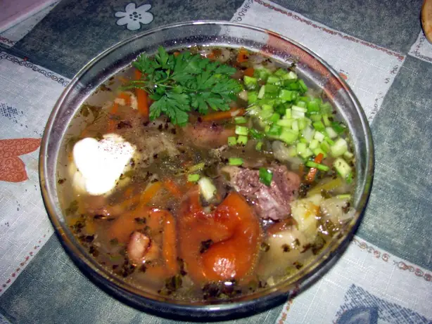 Foto von Russische Kohlsuppe Schtschi klassisch – fertig angerichtet